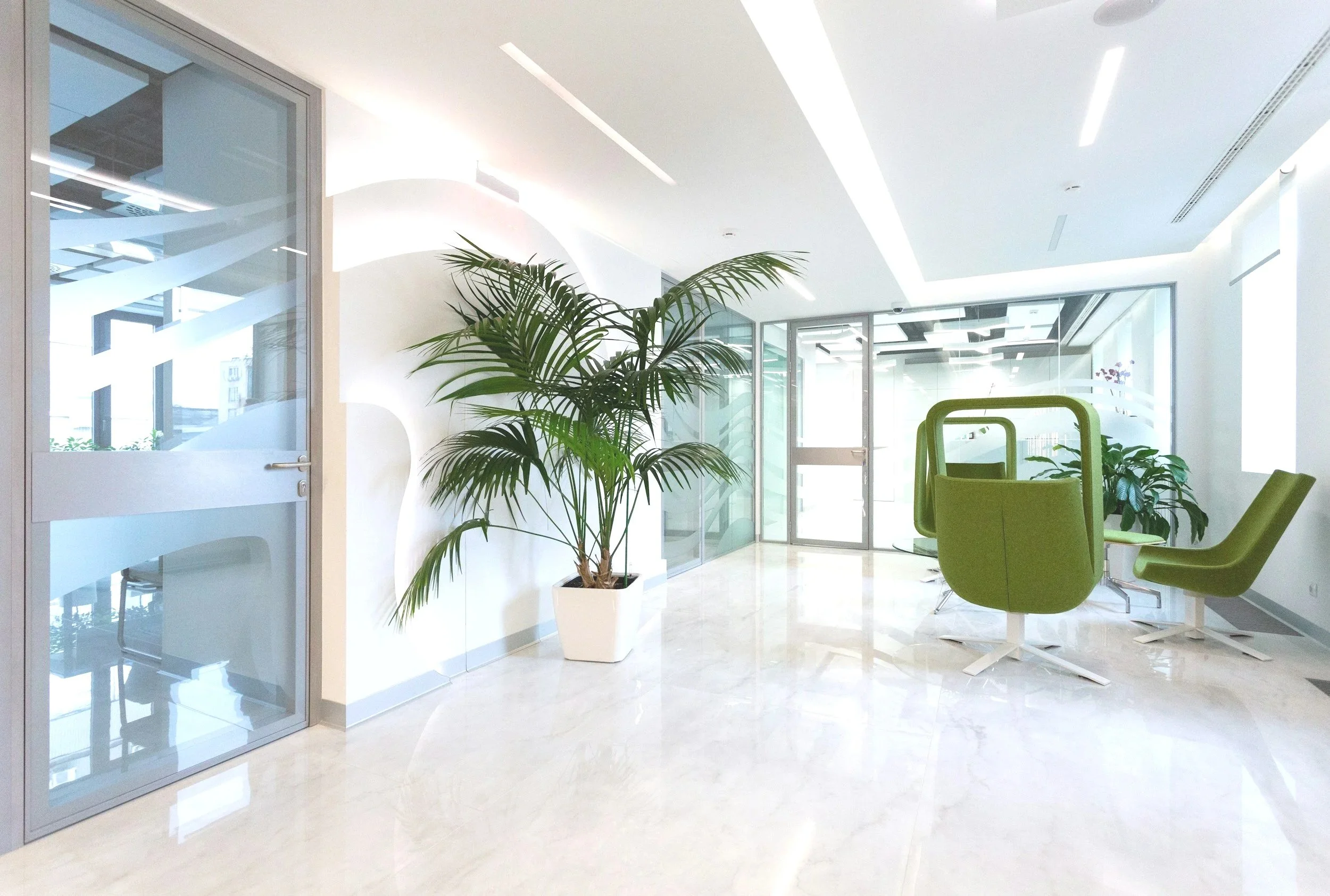 Modern office lobby with white walls, large windows, green chairs, and indoor plants.
