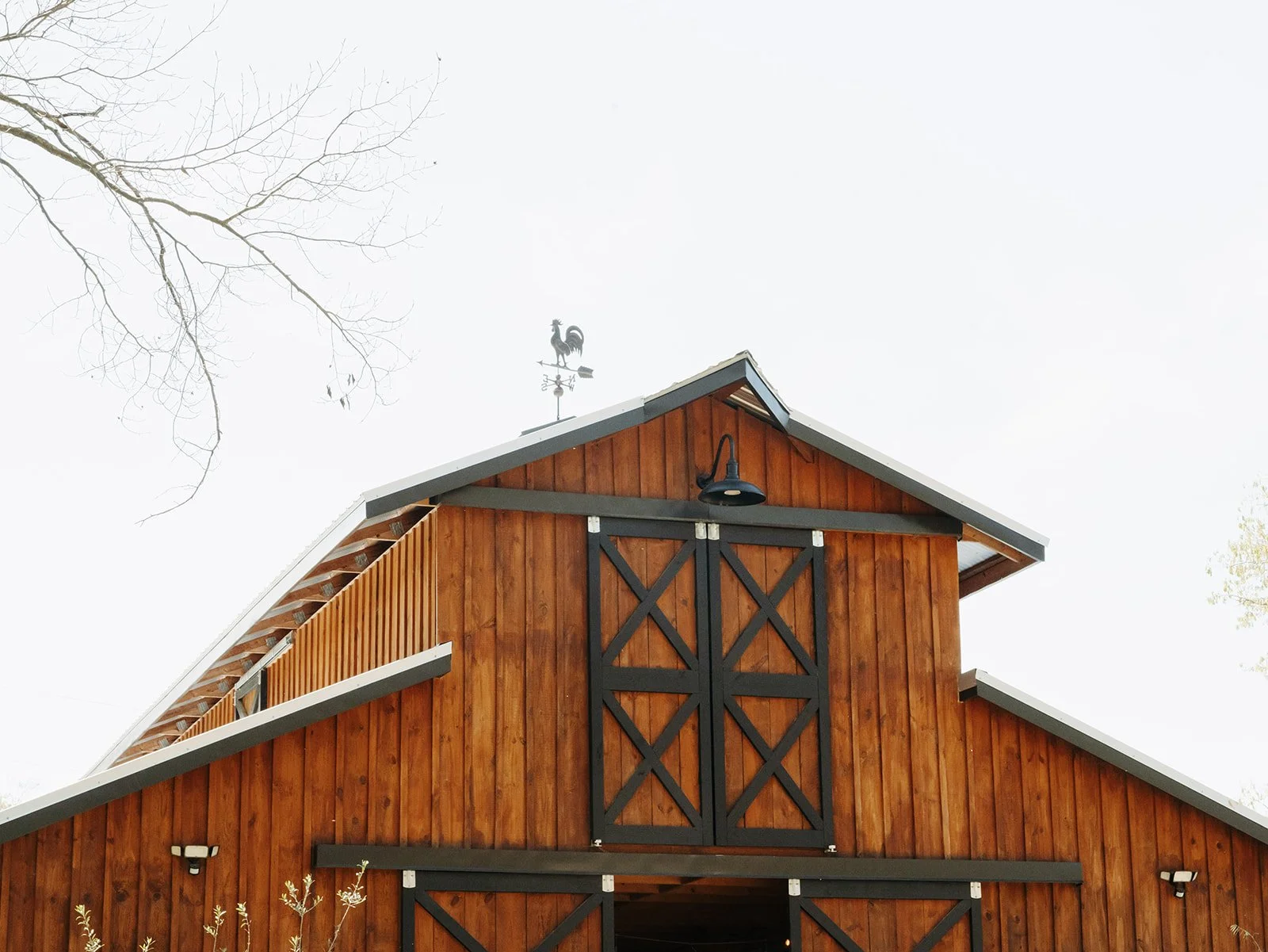 A large wooden barn with black crossbuck sliding doors, black accents, and a rooster weather vane on top of the roof. Bare tree branches are visible in the upper left corner.