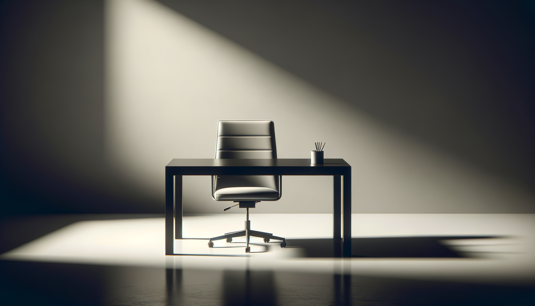 An empty modern office desk with a black chair and a small container holding pens, illuminated by a spotlight creating shadows in the background.