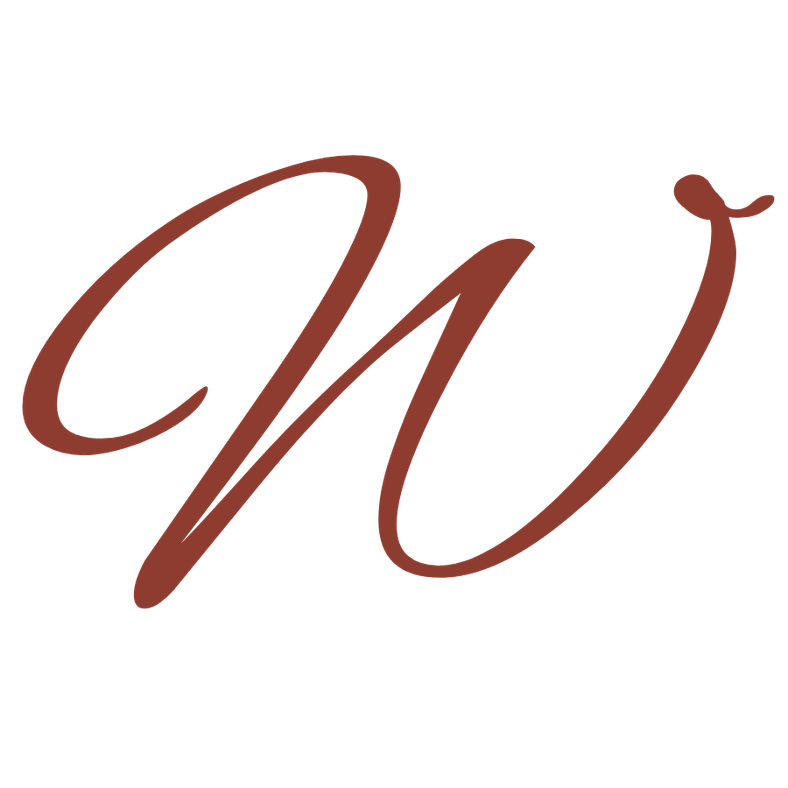 A large, brown, cursive letter W with a decorative flourish on the top right.