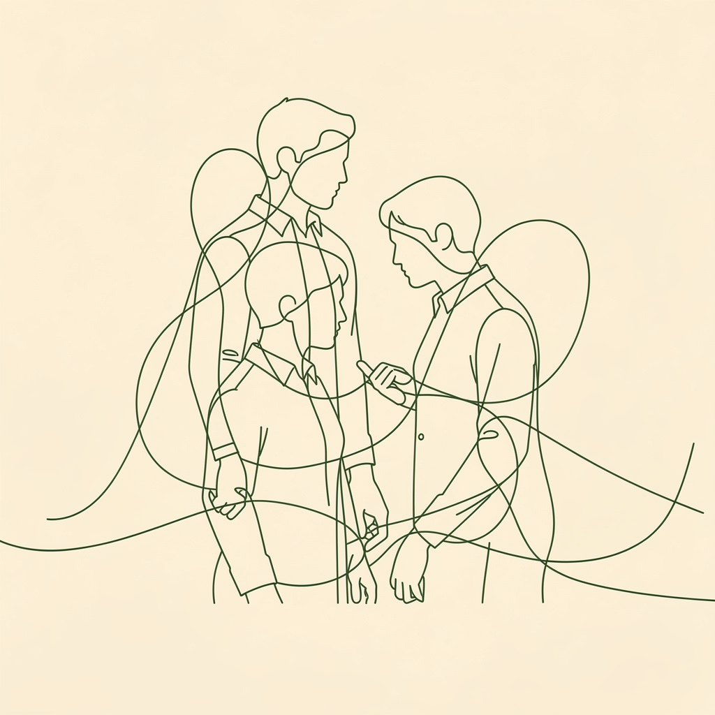 Line art illustration of two teenage boys, one holding a smartphone, with several overlapping outlines of faces and upper bodies in the background.