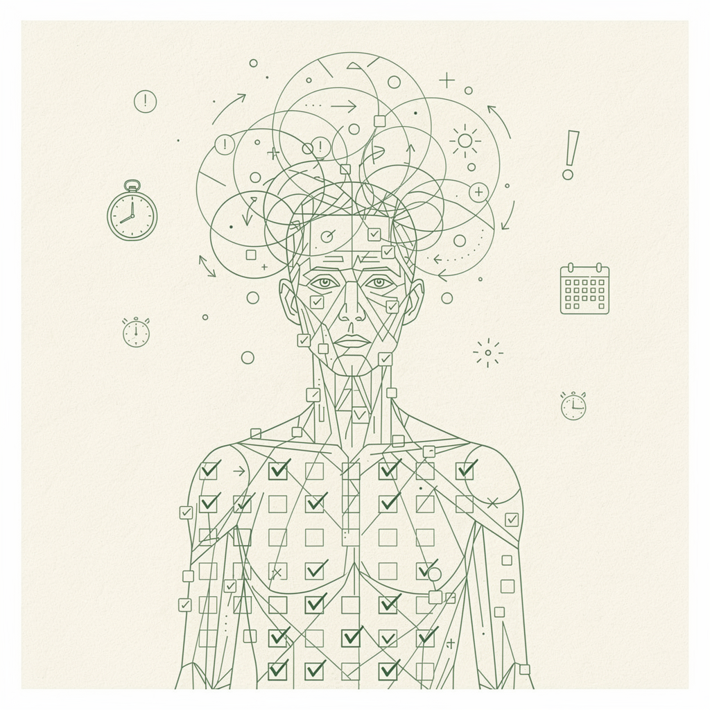 A schematic diagram of a human figure with interconnected lines, checkmarks, and symbols representing neural or cognitive processes, with icons of clocks and a calendar around the figure.
