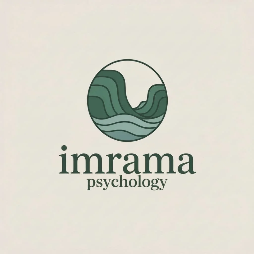 Logo for Imrama Psychology featuring a circular design with stylized green mountains and water.