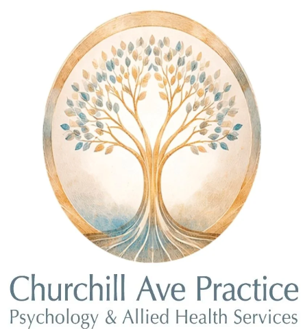 A circular logo featuring a stylized tree with golden branches and blue-tinted leaves, with intertwined roots at the bottom. Below, the text reads "Churchill Ave Practice" and "Psychology & Allied Health Services."