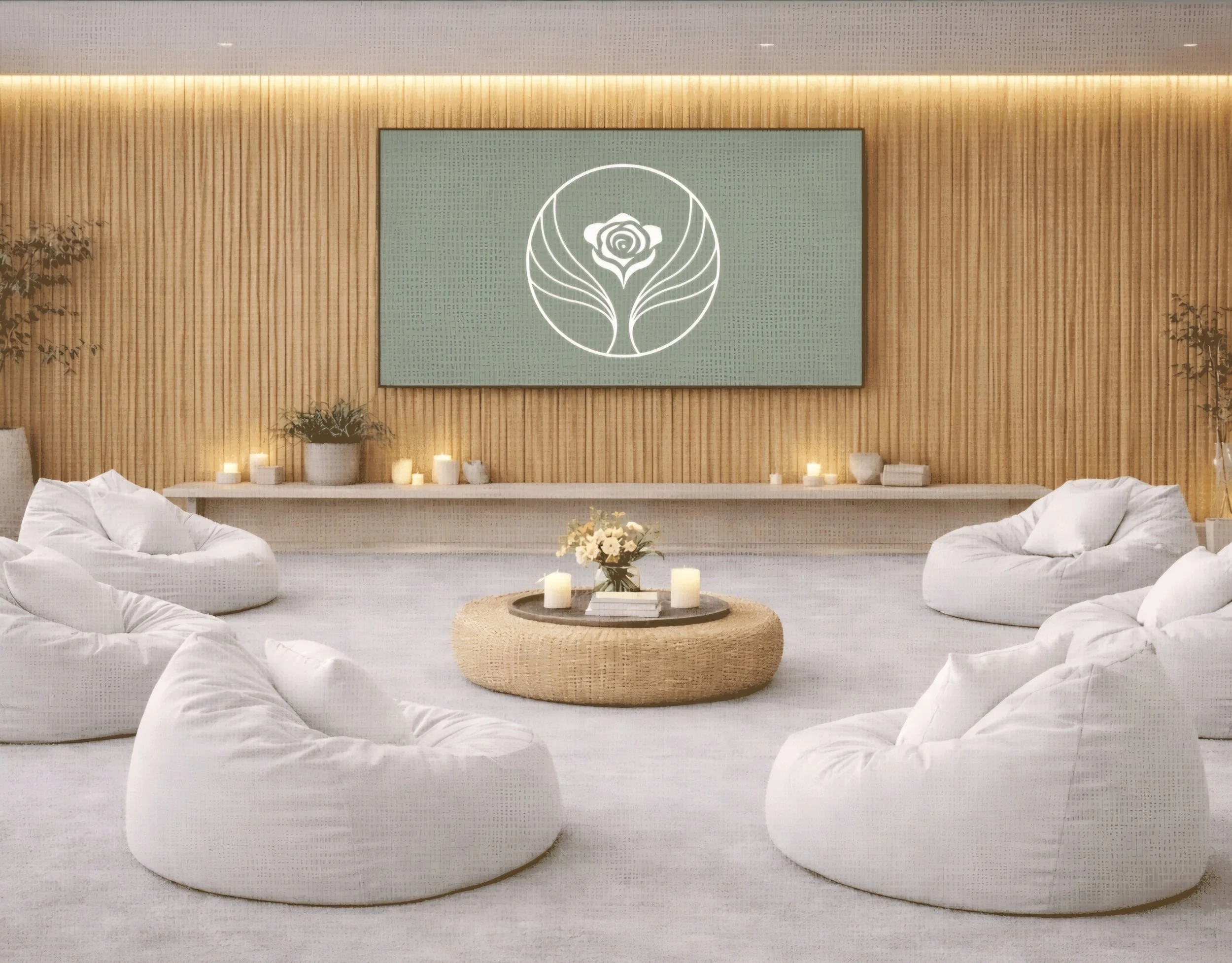 A modern, minimalist lounge room with white bean bag chairs arranged in a circle around a round, woven ottoman table. The table has candles and a flower arrangement. The back wall features vertical wooden slats, with a large digital screen displaying a logo with a flower and leaf design. Candles and potted plants are placed on a white shelf along the wall.