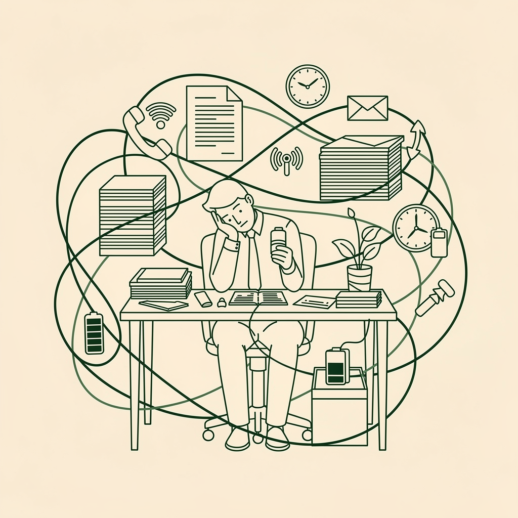 Illustration of a person overwhelmed with work, surrounded by stacks of paper, files, a plant, and various icons representing emails, messages, clocks, Wi-Fi, and phones.