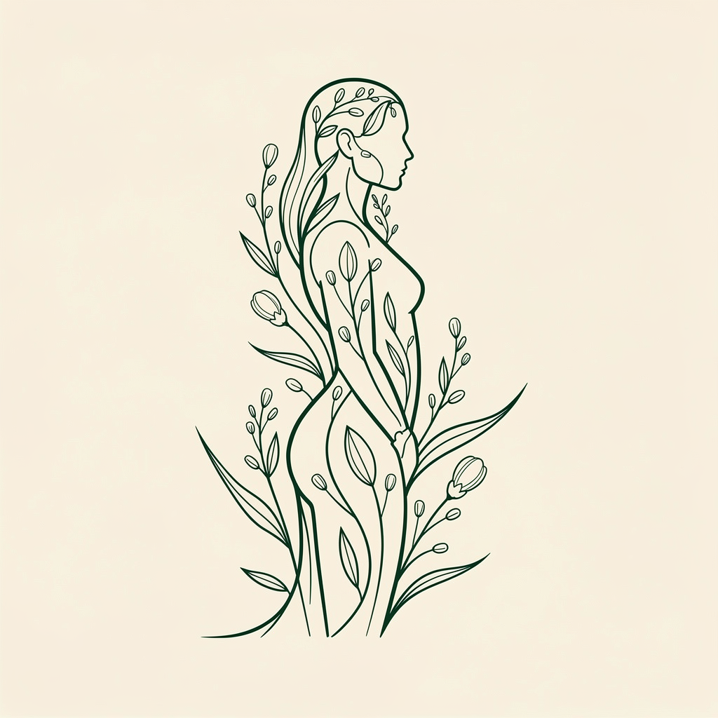 Line drawing of a female figure surrounded by health and wellness icons, including clocks, a calendar, a smiling face, leaves, water drops, waves, and medical symbols.