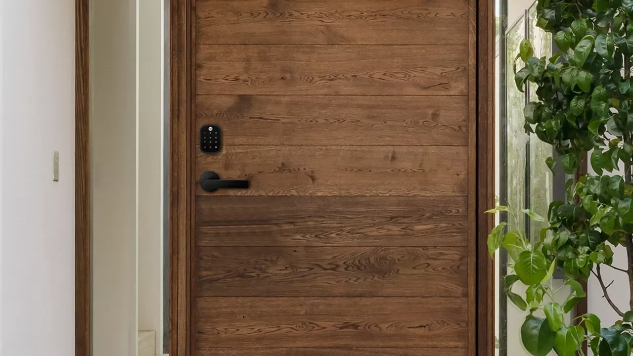 Wooden front door with a black digital lock, next to a large green plant inside a house.