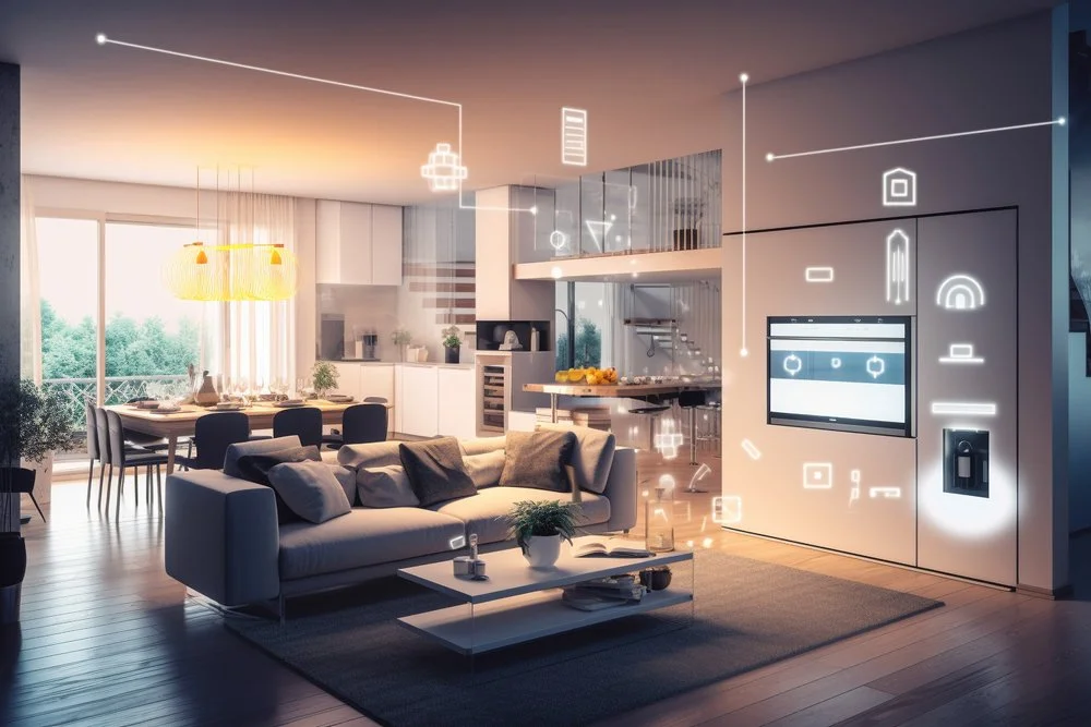 Modern living room and kitchen with holographic icons overlayed, representing smart home technology such as lighting, security, and appliances.