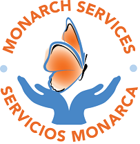 Logo for Monarch Services featuring a butterfly above two open hands, with the words 'Monarch Services' and 'Servicios Monarcha' in orange text.
