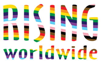 Rising Worldwide logo in colorful rainbow-stripes.