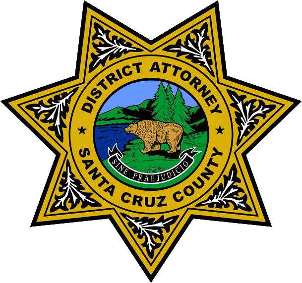 Seal of the Santa Cruz County District Attorney featuring a bear, pine trees, mountains, and water, with a Latin phrase 'Sine Praejudicio' on a ribbon.