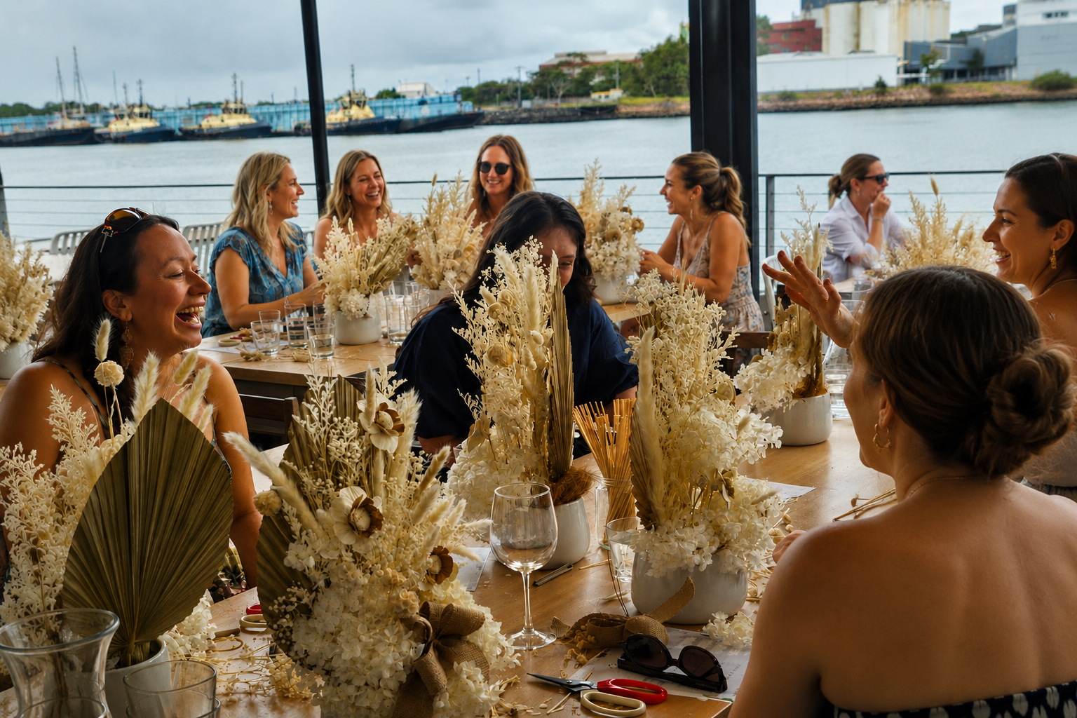 Friends creating preserved floral arrangements during a hens party workshop.