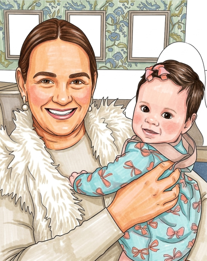 A smiling woman holding a baby girl. The woman has short brown hair, earrings, and is wearing a cream sweater with a fluffy collar. The baby has big eyes, dark hair, a pink bow, and is dressed in a blue outfit with pink bows. They are indoors with framed pictures hanging on a floral wallpaper background.