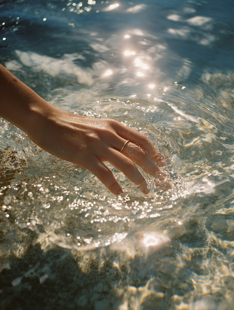 A person's hand with a ring, touching the water surface in a body of water, with sunlight reflections.