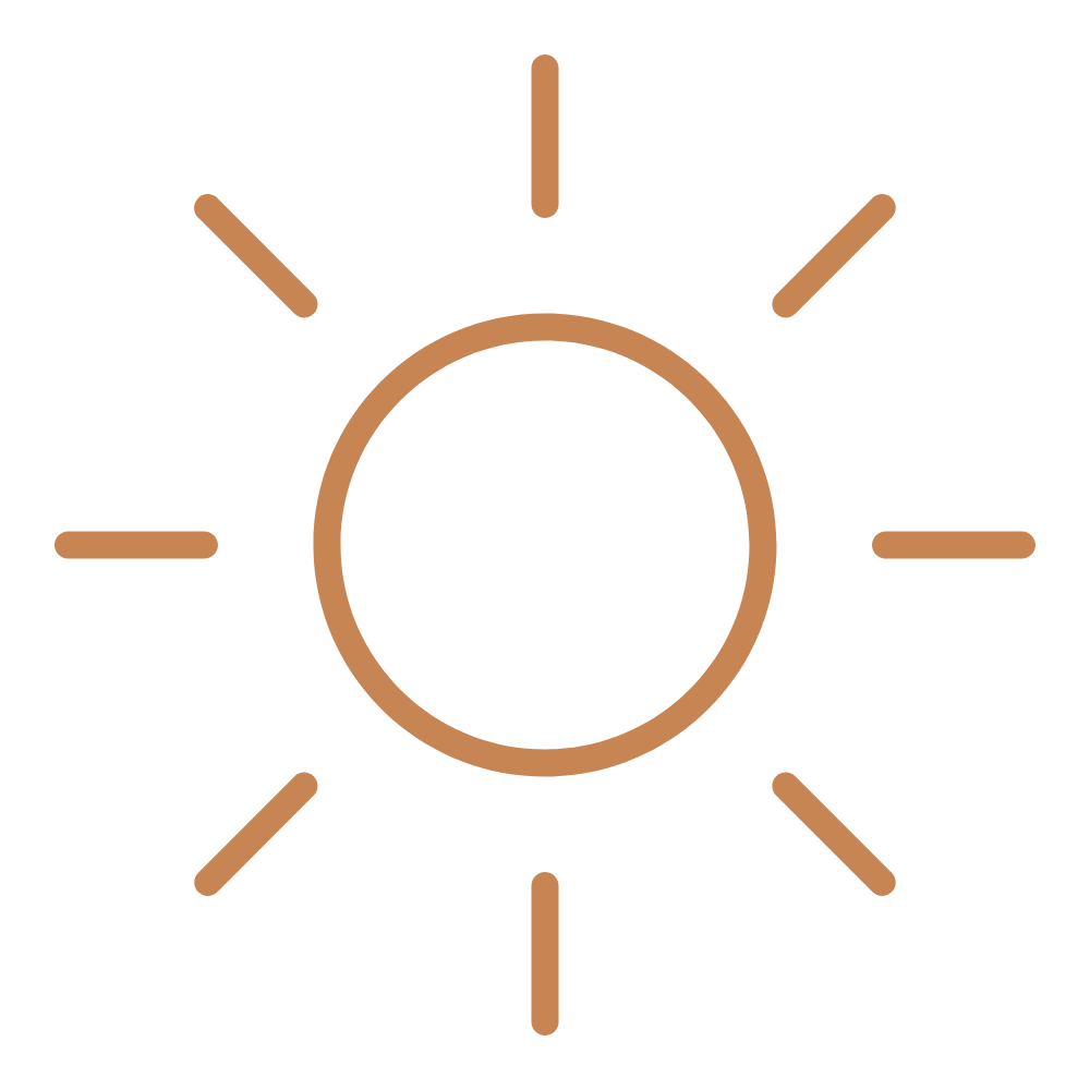 Simple icon of a sun with a circle in the center and short rays extending outward.