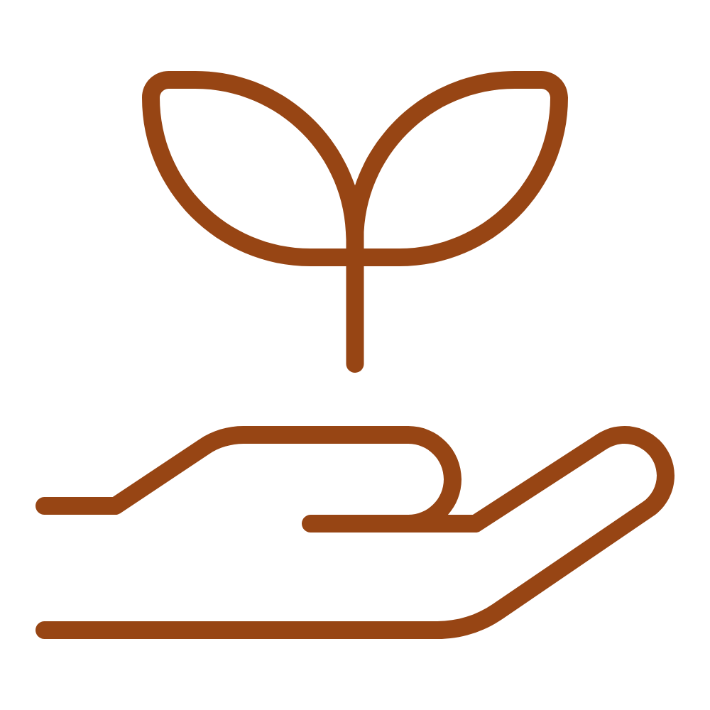 Line drawing of a hand holding a small plant with two leaves, symbolizing growth or environmental care.