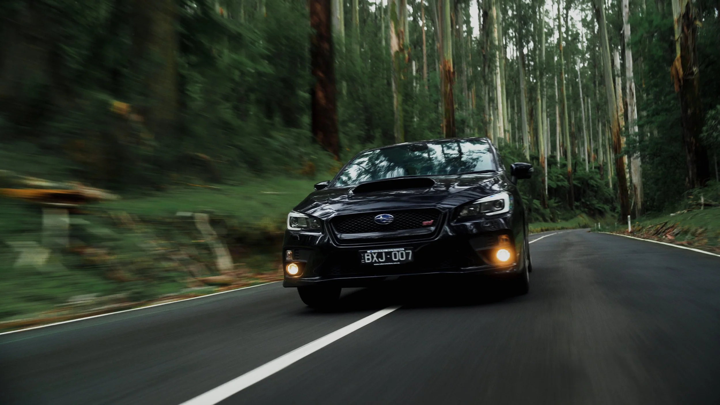 Black sports car driving on a winding mountain road surrounded by tall green trees.
