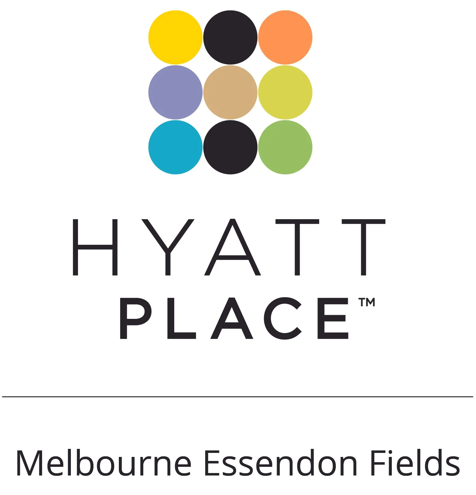 Logo with 12 colored circles arranged in a 3x4 grid and the text "HYATT PLACE" above "Melbourne Essendon Fields".