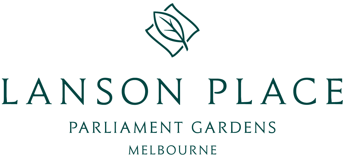 Logo for Lanson Place Parliament Gardens Melbourne with an abstract leaf icon above the text