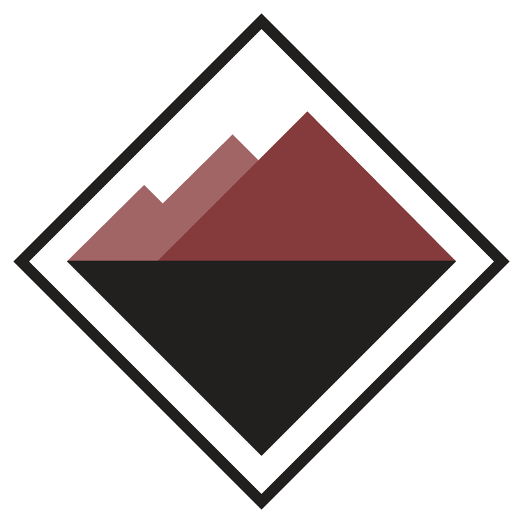 A symbol with three stylized mountain peaks in shades of red and brown inside a black diamond-shaped border.