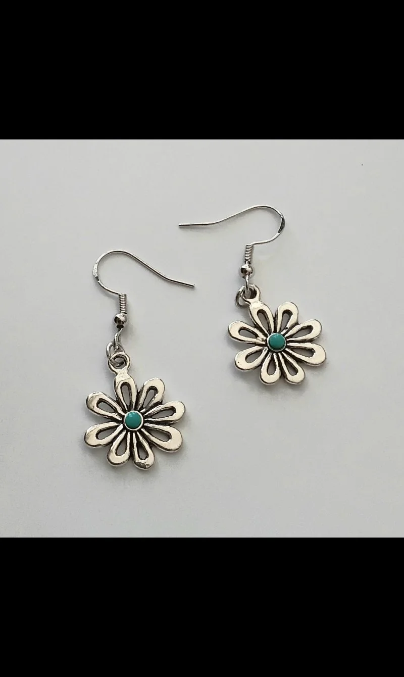1 Pair • Silver Blue Flower Drop Earrings 925P Ear Wires