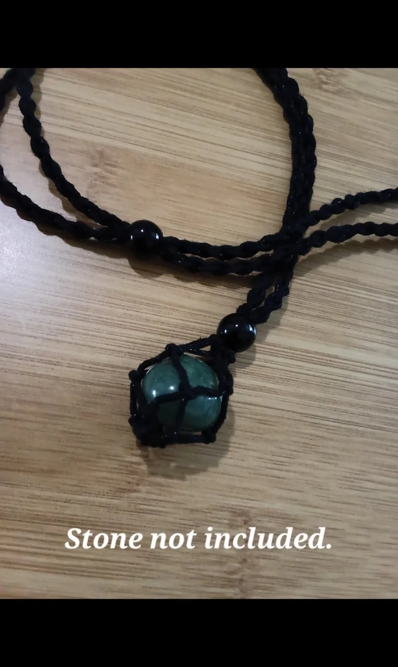 Black Crochet Gem Stone Holding Braided Cord Necklace