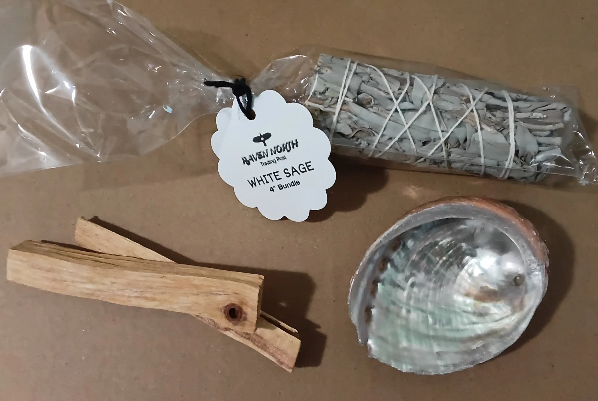 4 Piece Set • 3" Abalone Shell + 4" White Sage Bundle + 2 Small 4" Palo Santo