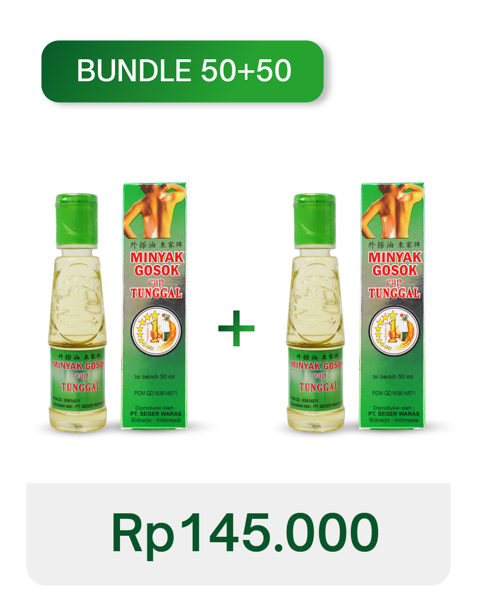A promotion for a bundle of two bottles of Minyak Gosok Cap Tunggal, each 50ml, priced at Rp145,000.