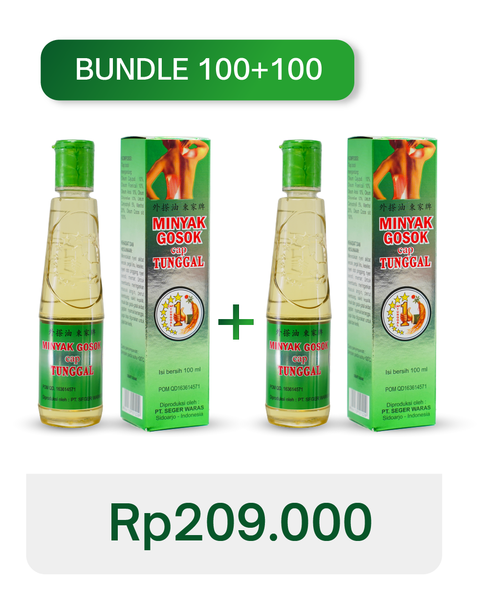 A promotional offer for a bundle of two bottles of Minyak Gosok cap Tunggal, each 100ml, with a price of Rp209,000. The bottles are shown alongside their packaging boxes, which are green and feature an image of a person’s back with a muscular pose.