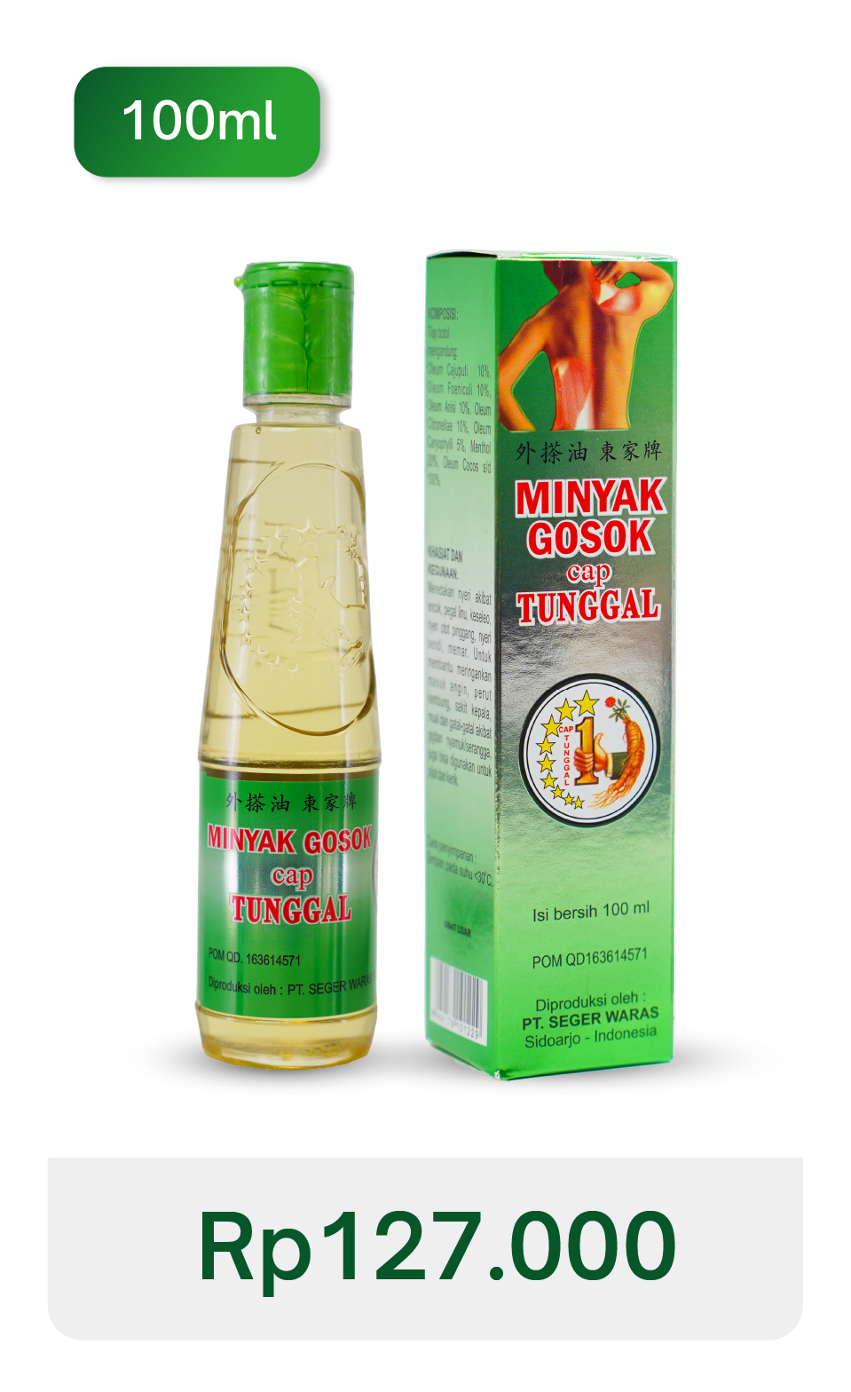 A small transparent bottle with green cap containing a pale yellow liquid, standing next to a green and white box. The box and bottle display Indonesian text and graphics promoting health benefits. The price labeled below is Rp127.000.