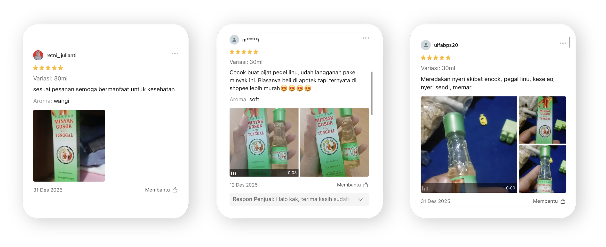 Screenshots of online reviews for a 30ml bottle of oil, showing photographs of the product's packaging and users holding the bottles.