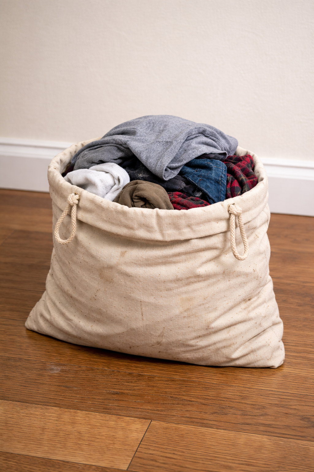 A large beige laundry basket filled with clothes sitting on a wooden floor against a plain wall.