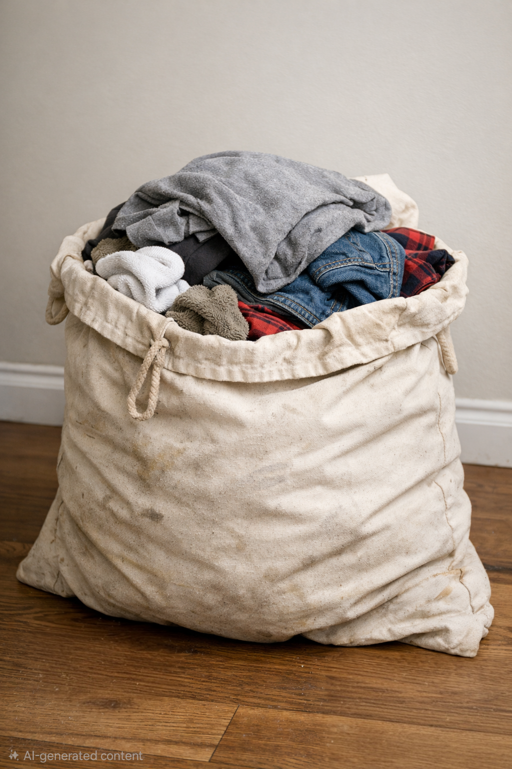A laundry basket filled with folded and unfolded clothes on a hardwood floor against a plain wall.