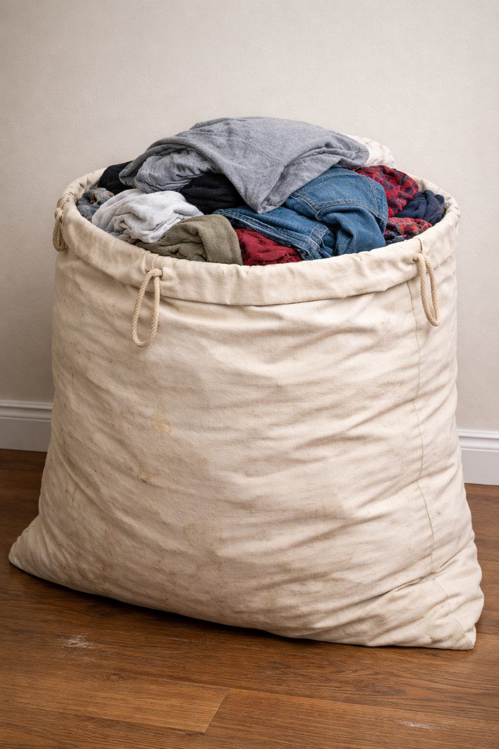 A large, white laundry bag filled with folded and crumpled clothes, sitting on a wooden floor against a plain wall.