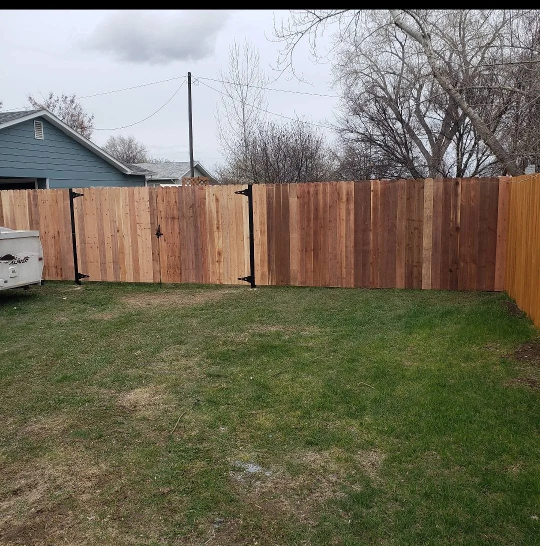 A backyard with newly installed wooden fence, a gate in the center, and a grassy lawn. There is a trailer on the left side and some bare trees and cloudy sky in the background.
