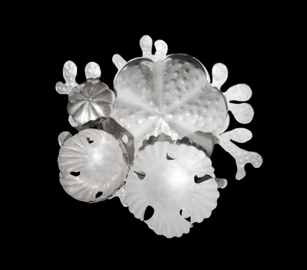 Collection of silver metal forms arranged on a black background.