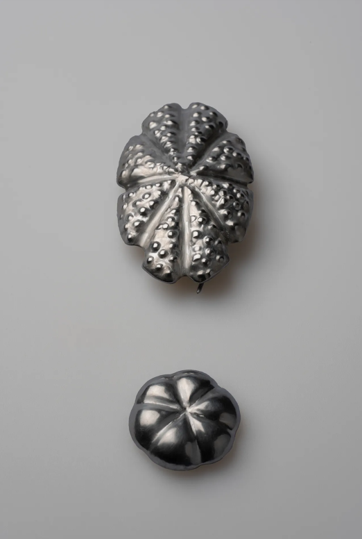 Two metallic leaves, one large and intricately veined, and a smaller rounded one, both set against a light gray background.
