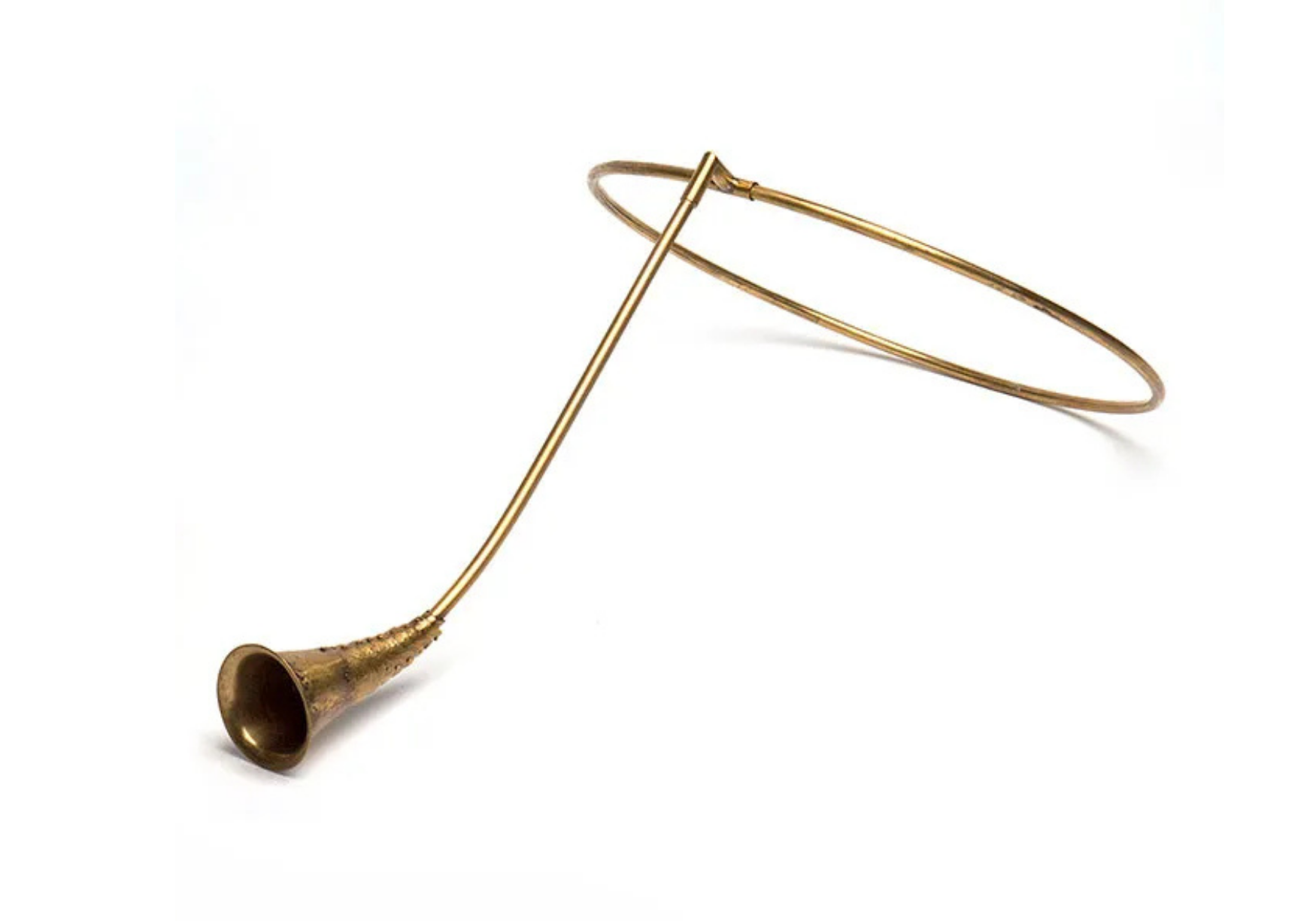 A vintage brass bugle with a long, curved body and a small bell at the end, lying on a plain white background.