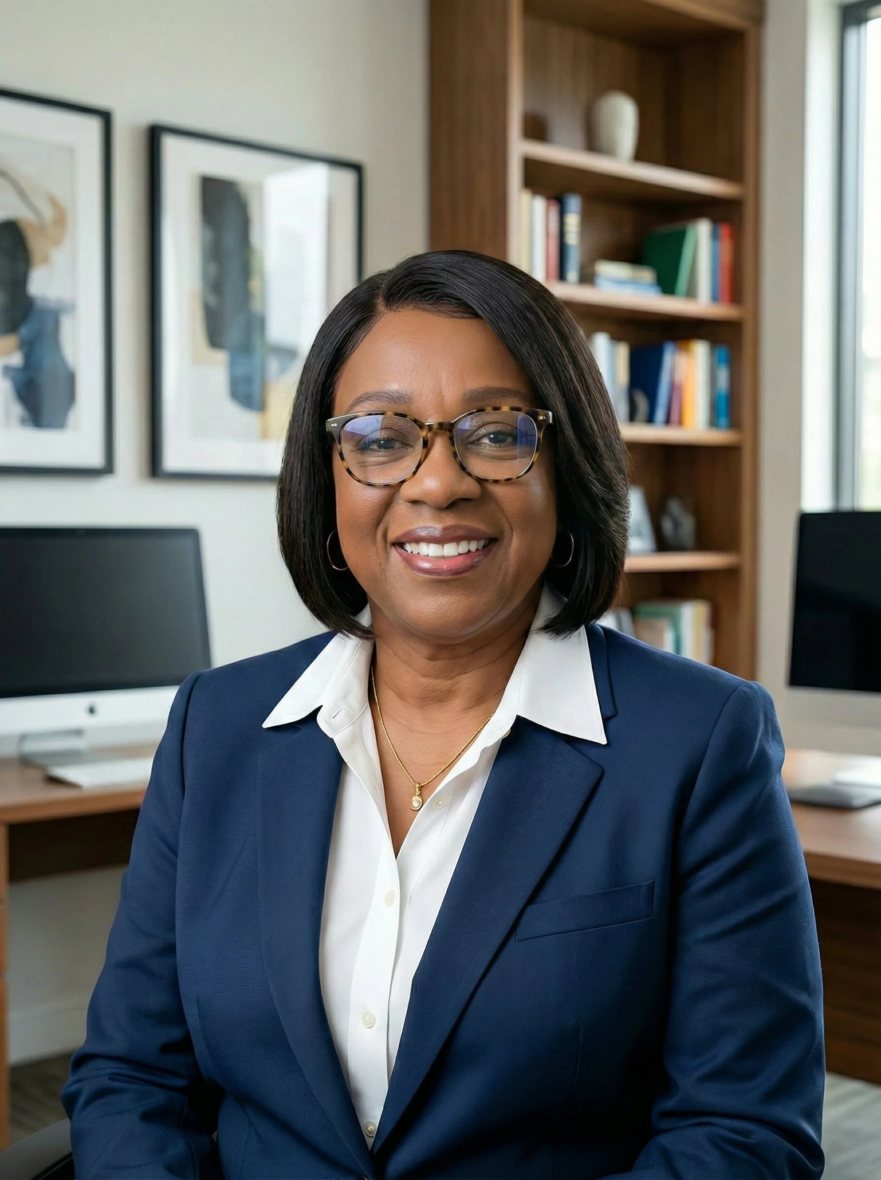 A woman with black hair, glasses, wearing a navy blazer and a white blouse, smiling in an office with bookshelves and framed art in the background.
