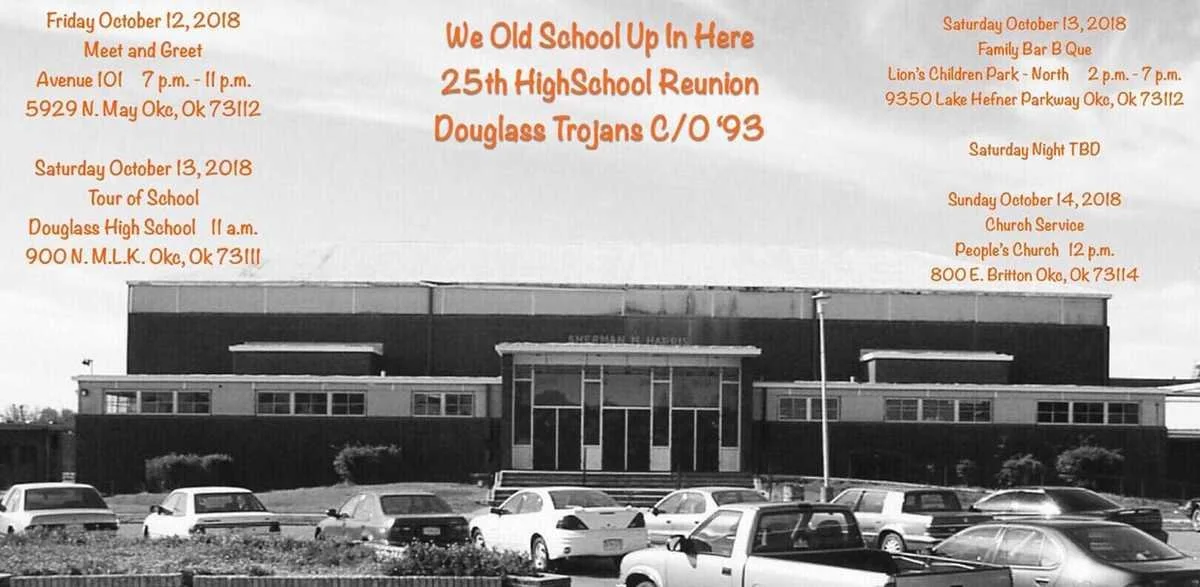 Black and white photo of Douglassa High School building with parked cars in front. Overlayed text announces a 25th high school reunion event scheduled for October 12-14, 2018, with details about meet-and-greet, school tour, family BBQ, church service