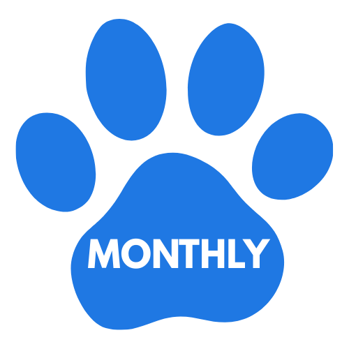Blue paw print with the word 'MONTHLY' written inside it.