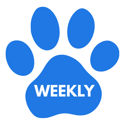 Blue paw print with the word 'WEEKLY' in white inside the paw pad.