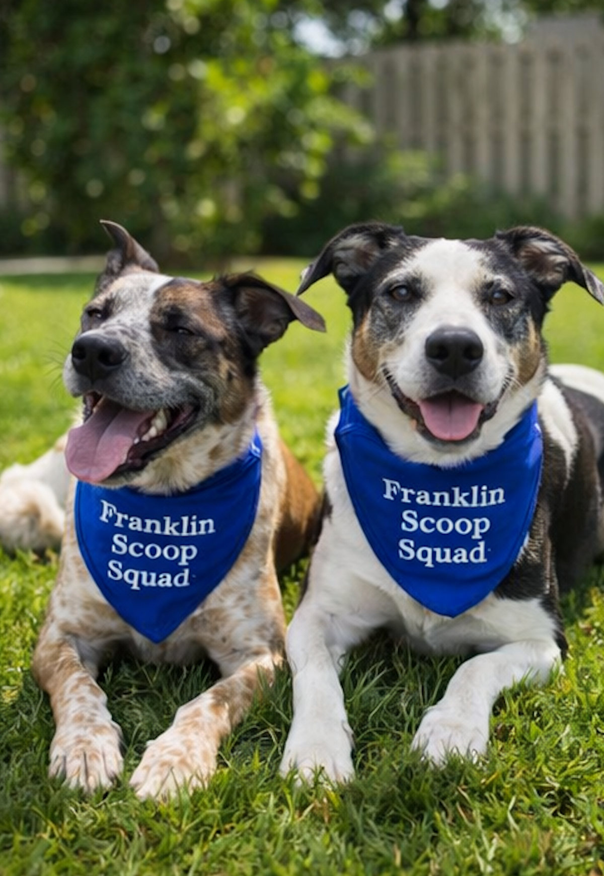 Two smiling dogs wearing blue bandanas that say 'Franklin Scoop Squad' sit on grass in a backyard, with a wooden fence and trees in the background.