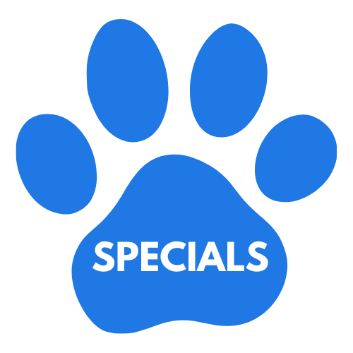 Blue paw print with the word 'SPECIALS' written inside it in white letters.