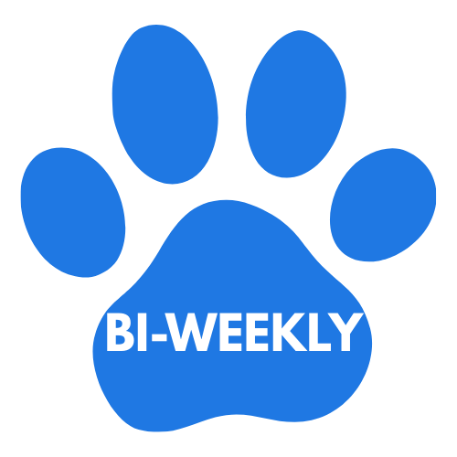 Blue paw print with white text that says 'BI-WEEKLY' on it.