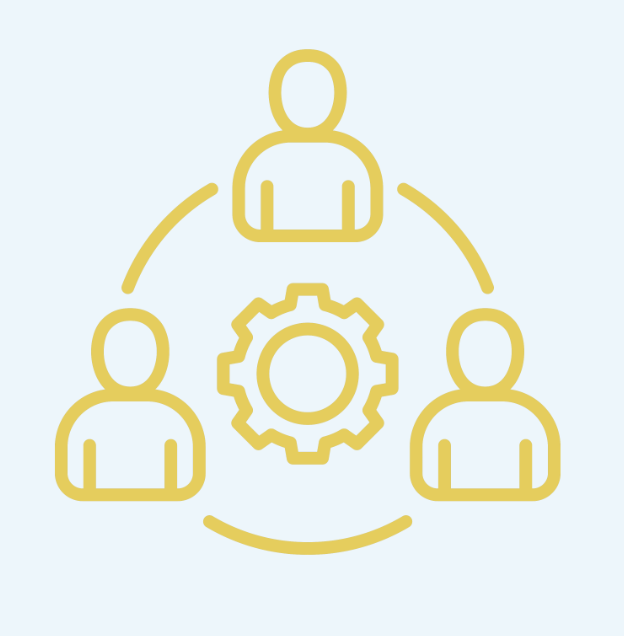Illustration of three people connected in a circle with a gear in the center, representing teamwork and collaboration.