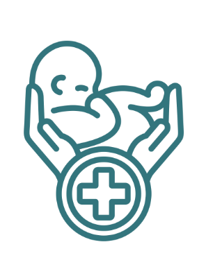 A line drawing of a baby being cradled in hands with a medical cross symbol at the bottom.