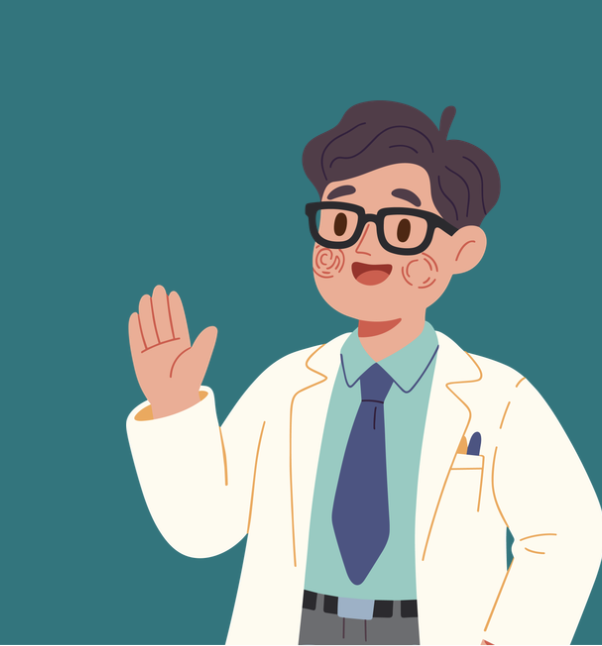 Cartoon illustration of a male doctor with glasses, wearing a white coat, light blue shirt, and dark blue tie, smiling and waving.