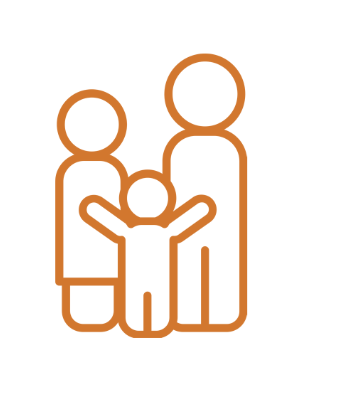 Line drawing of three people, two adults and one child, with the child in the center raising arms.